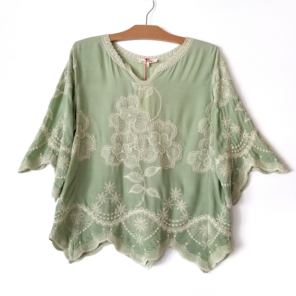 Solitaire Sage Green Embroidered Floral Blouse